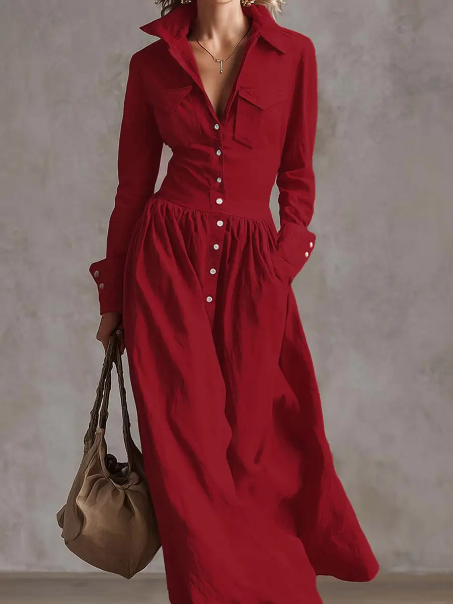 High Pleated Buttoned Long Maxi Dress