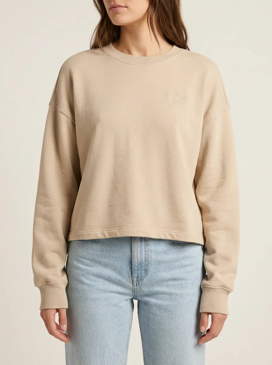 Women's Minimalist Star Embroidered Beige Printed Hoodie