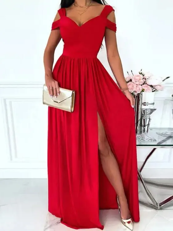 Women's Dresses Printed V-Neck Strap Off-Shoulder Slit Dress