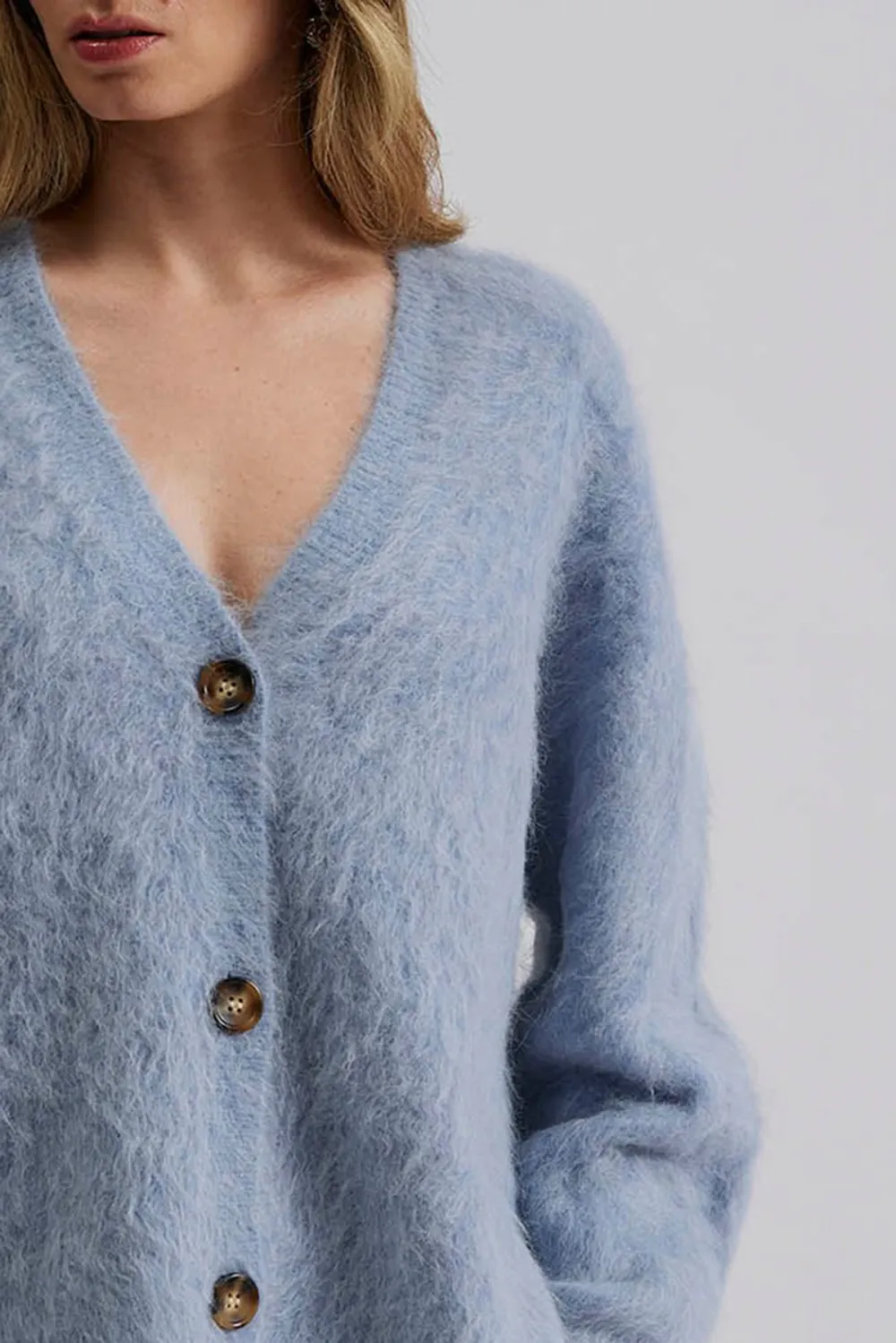 Fuzzy V Neck Button Front Cardigan