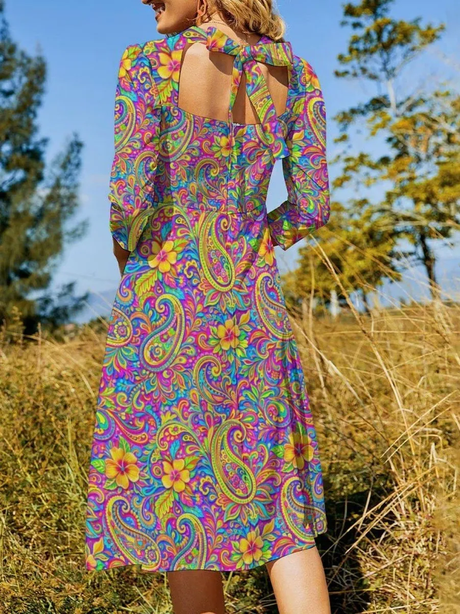 Casual Retro Print Midi Dress