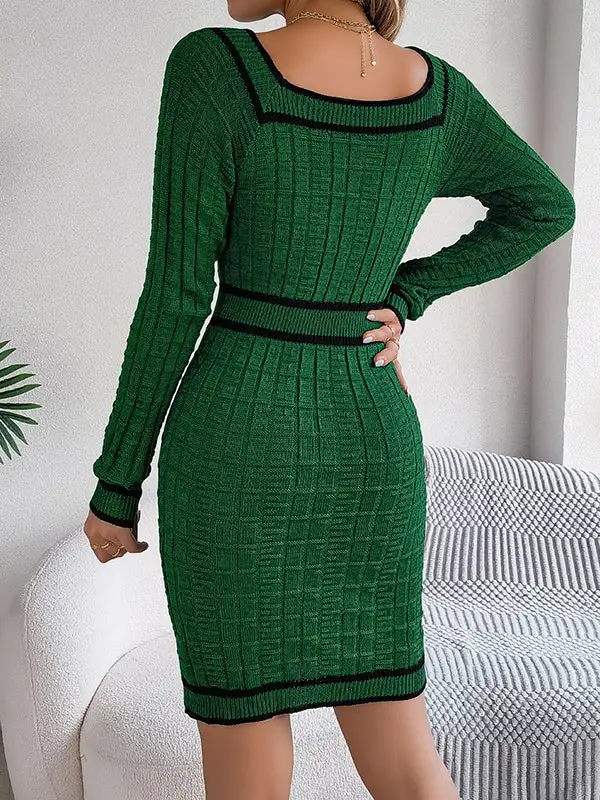 Bodycon Long Sleeve Buttoned Contrast Color Plaid Square Neck Mini Dress