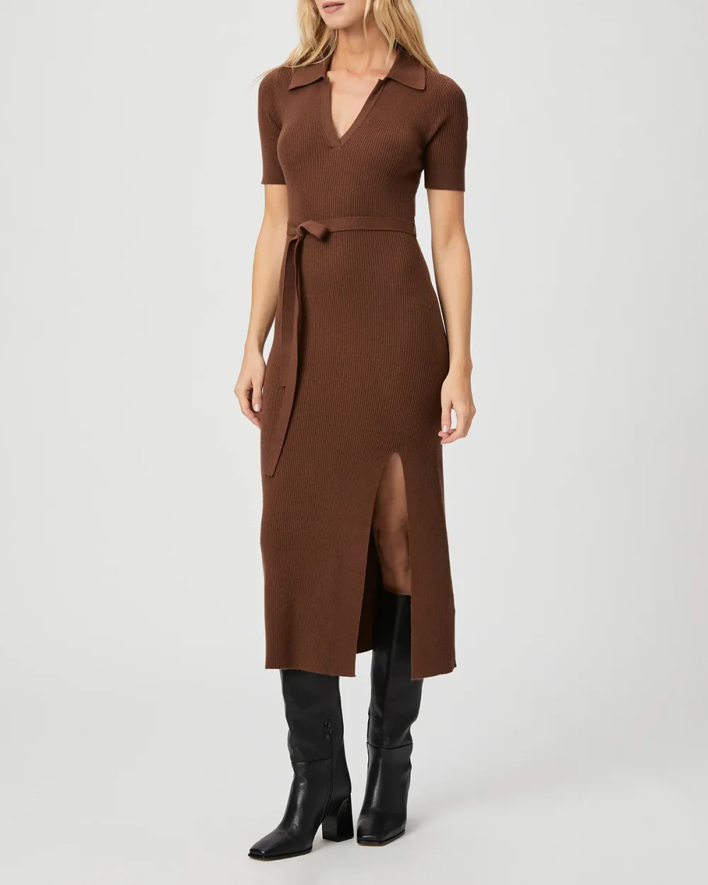 Brown Ribbed V Neck Belted Midi Dress