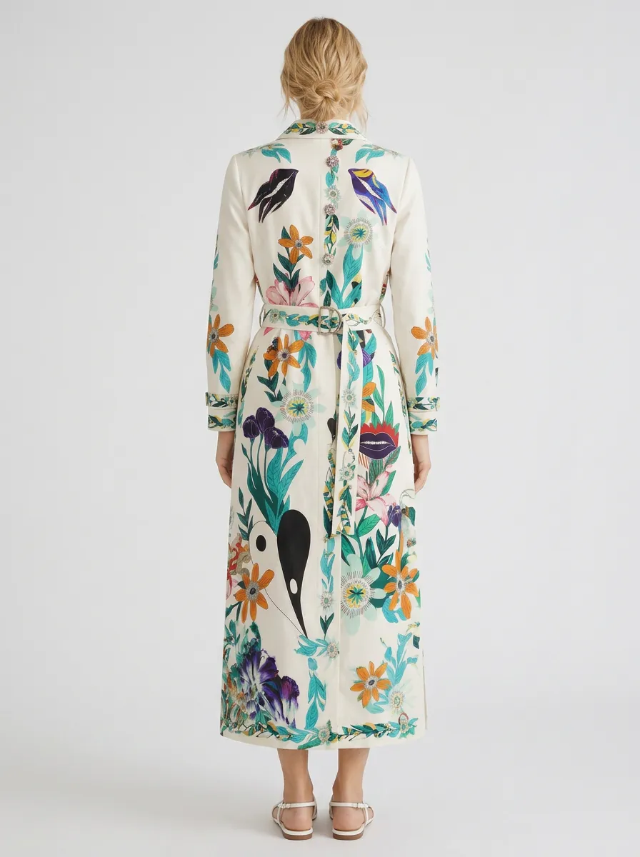 Women's Floral Lips Pattern Printed Belted Trench Coat