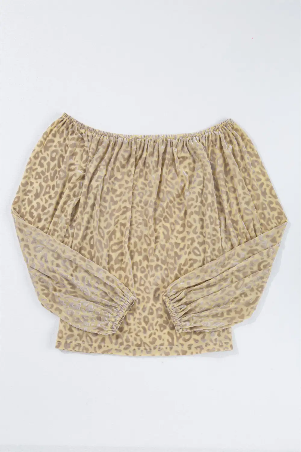 Beige Leopard Velvet Burnout Off Shoulder Long Sleeve Blouse