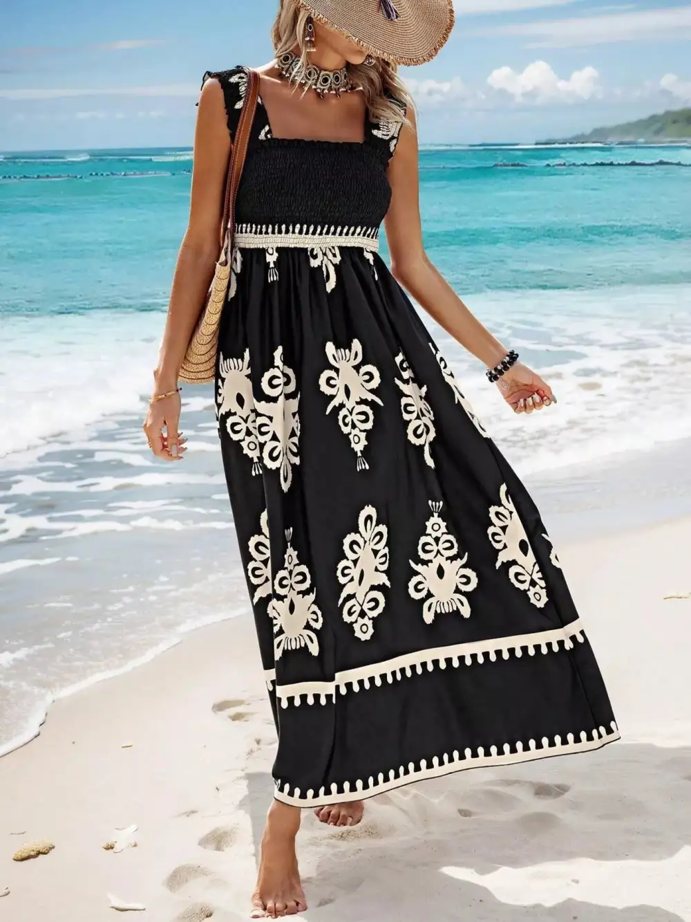 Printed Square Neck Smocked Maxi Dress