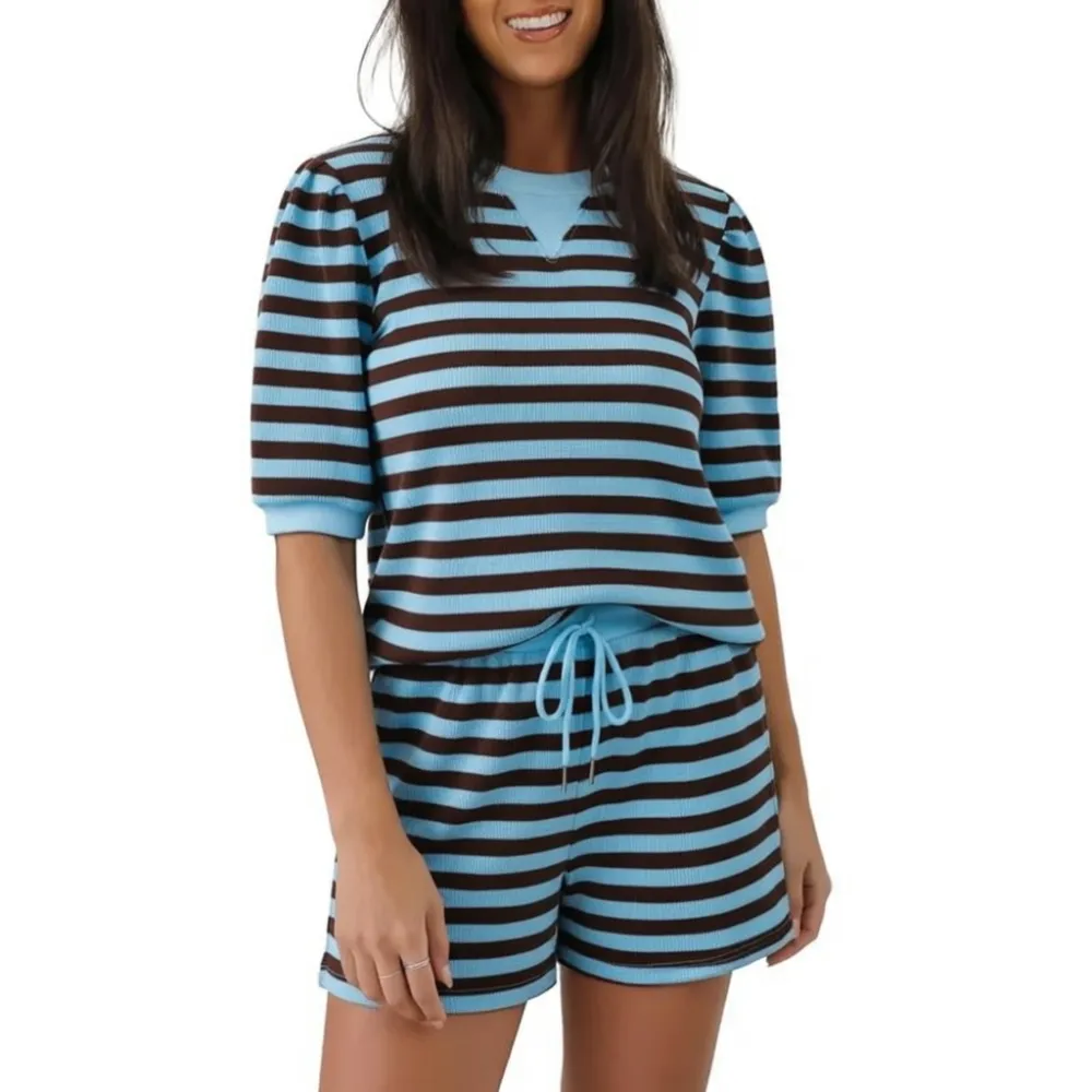 Women's Striped Puff Sleeve Short Sleeve 2‑Piece Set