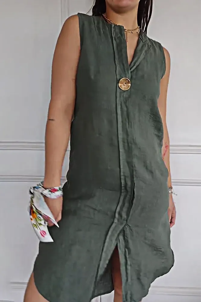 9PACK-Cotton And Linen Button Sleeveless Dress