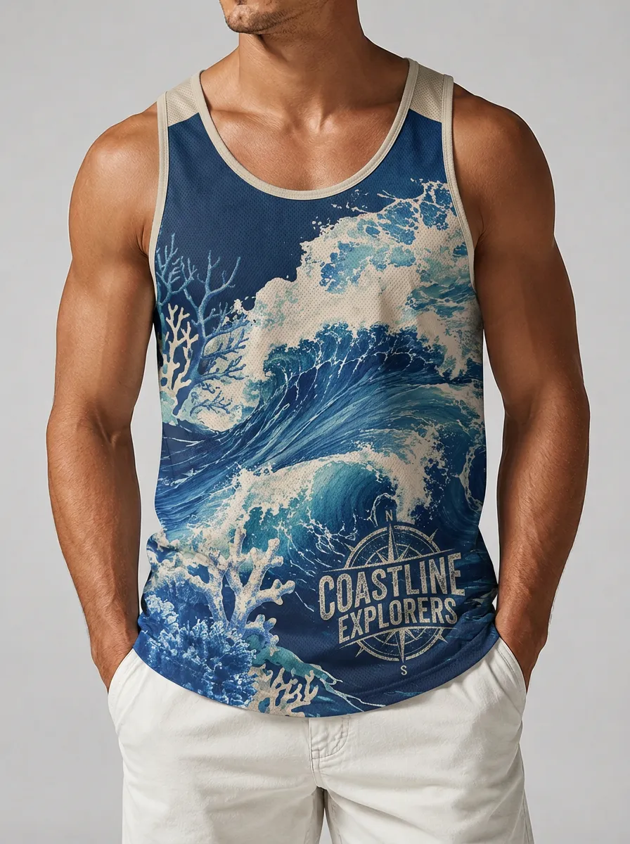 Men's Coastline Explorer Ocean Wave Coral Printed Tank Top