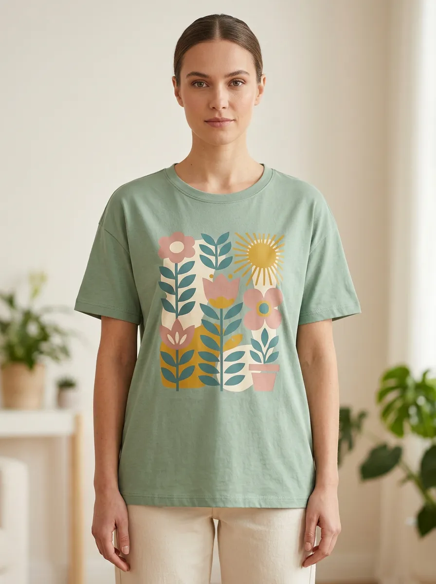 Women's Nature Floral Sun Botanical Print T-Shirt