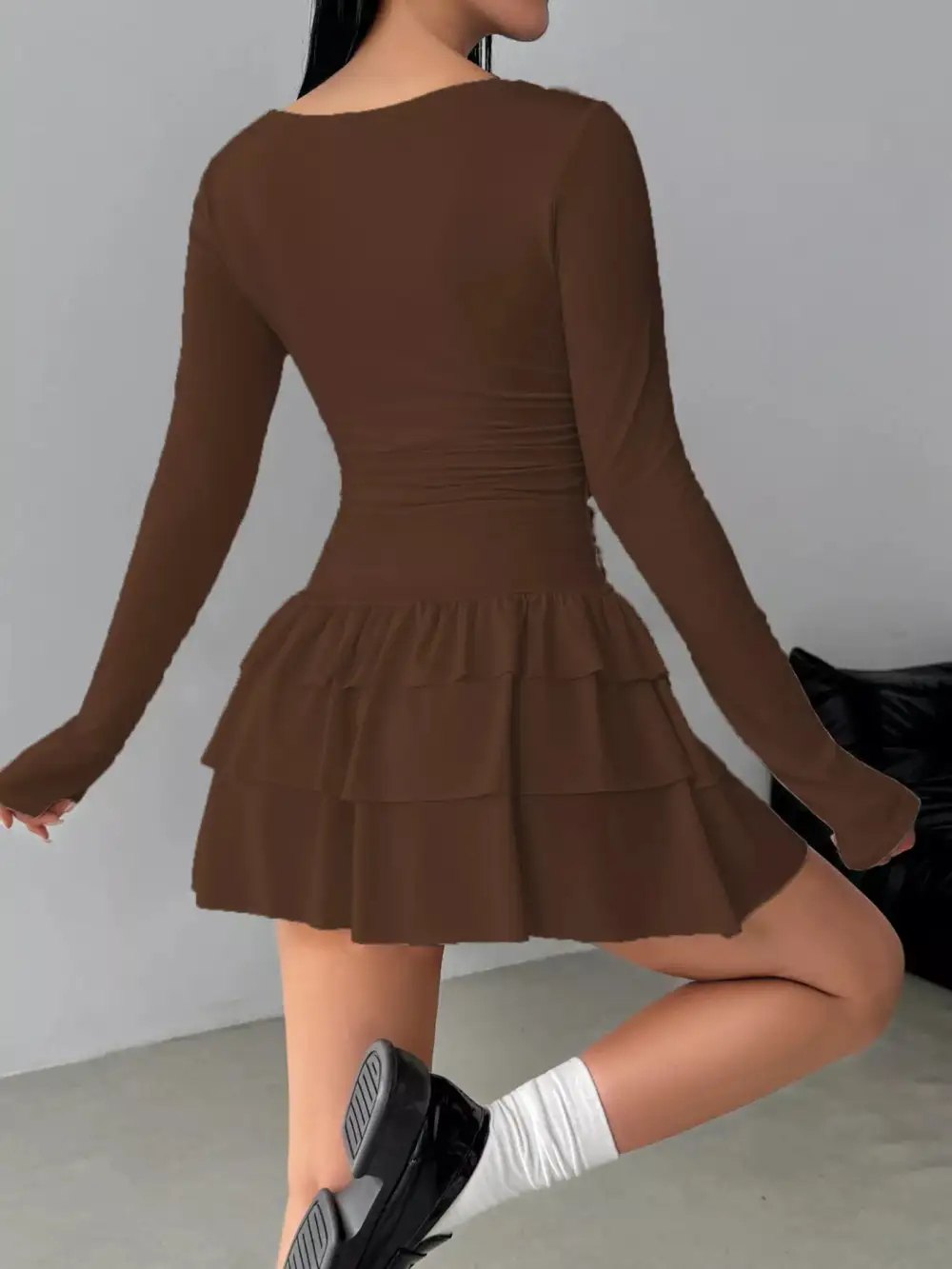 Ruched Long Sleeve Layered Ruffle Mini Dress