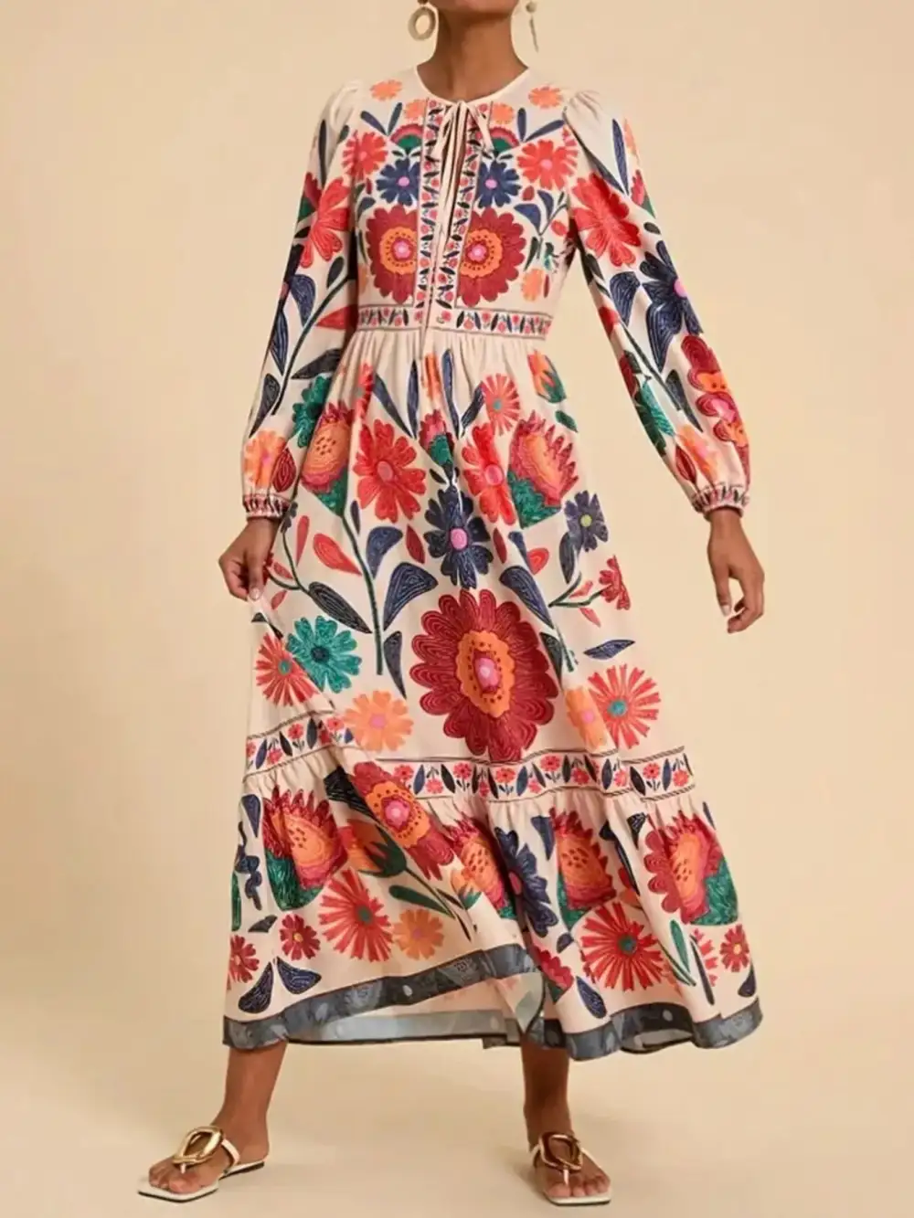 Floral Tie Waist Long Sleeve Dress Casual