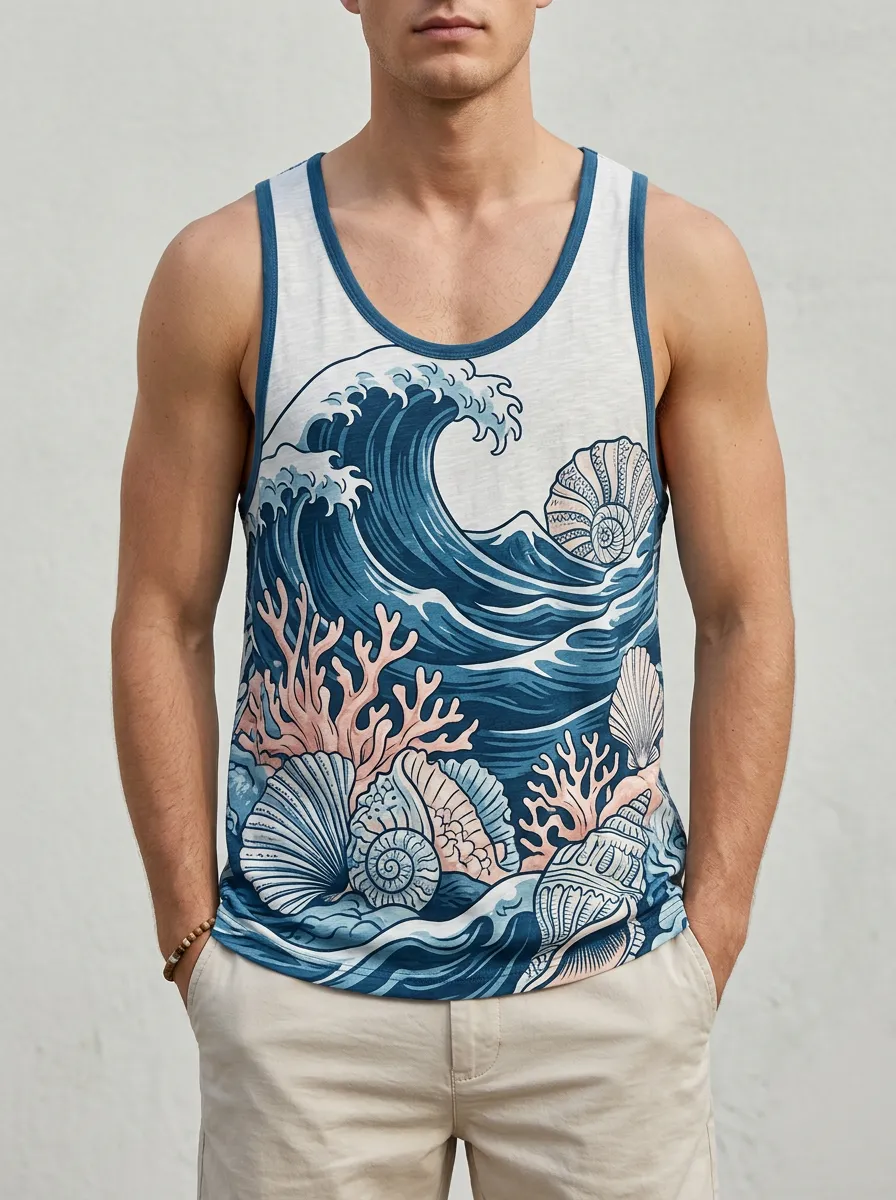 Men's Contrast Trim Wave Graphic Print Tank Top