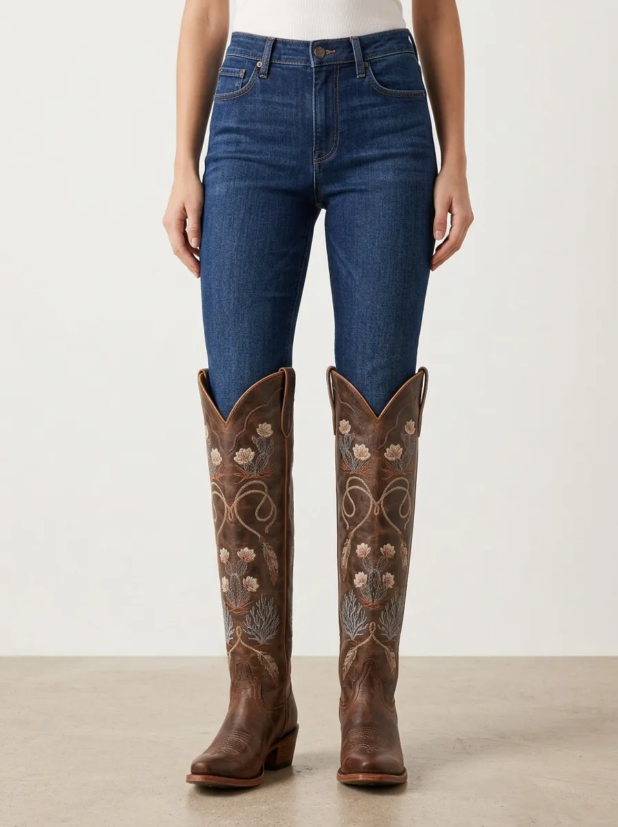 Women's Cactus Floral Embroidered Piped Block-Heel Stacked-Heel Western Denim Over-the-Knee Boots
