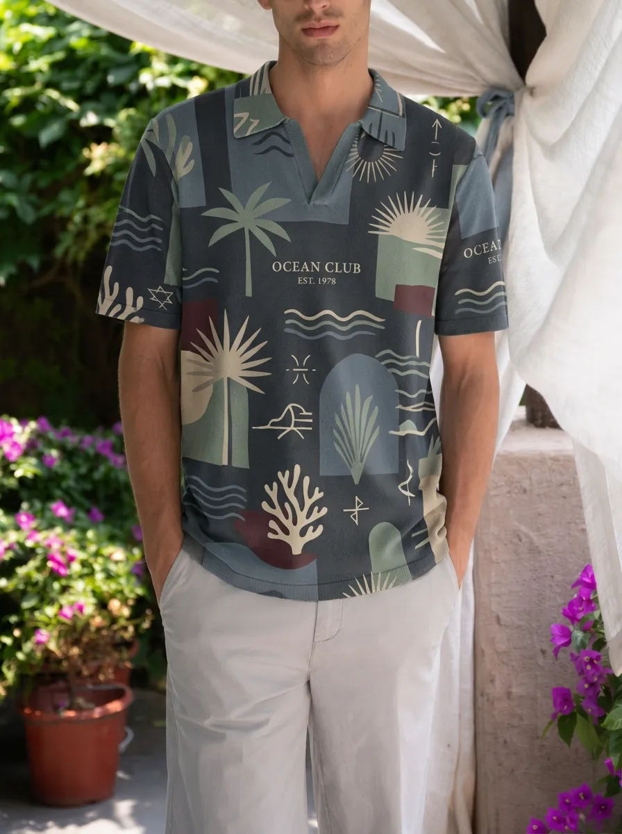 Men's Ocean Club Tropical Palm Printed Polo Shirt