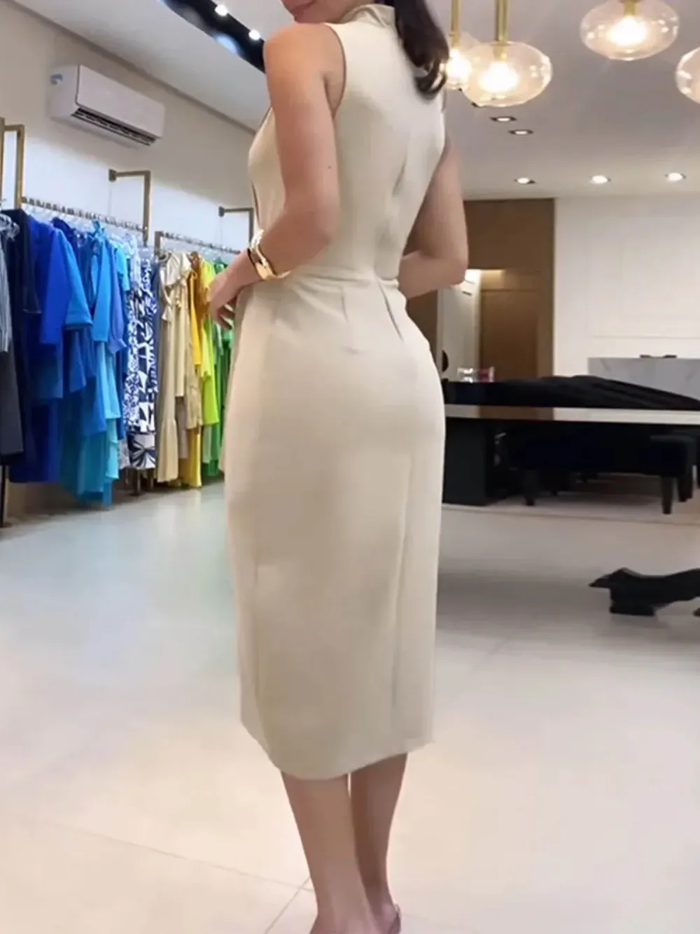 Elegant Stand Collar Fake Two Piece Midi Dress