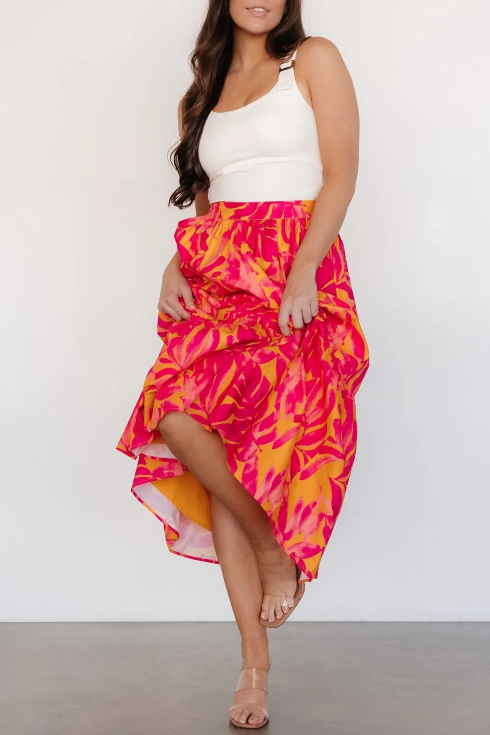 Orange Flowy High-Waisted Floral Print Skirt