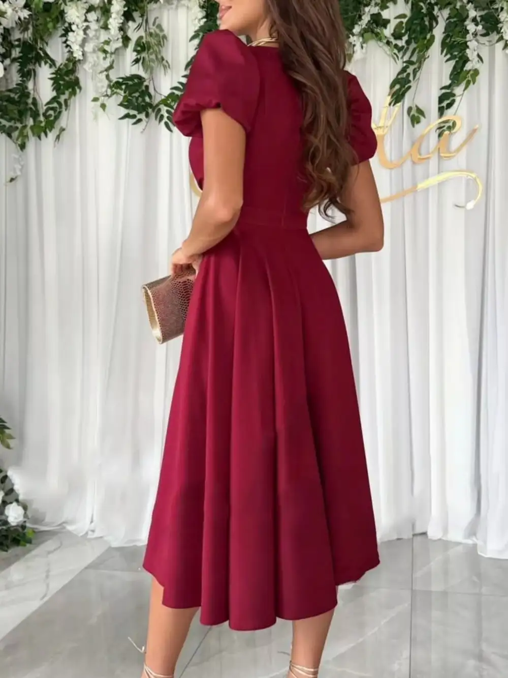 Surplice Puff Sleeve Belted Midi Dress