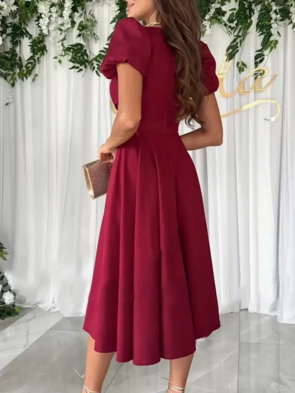 Surplice Puff Sleeve Belted Midi Dress