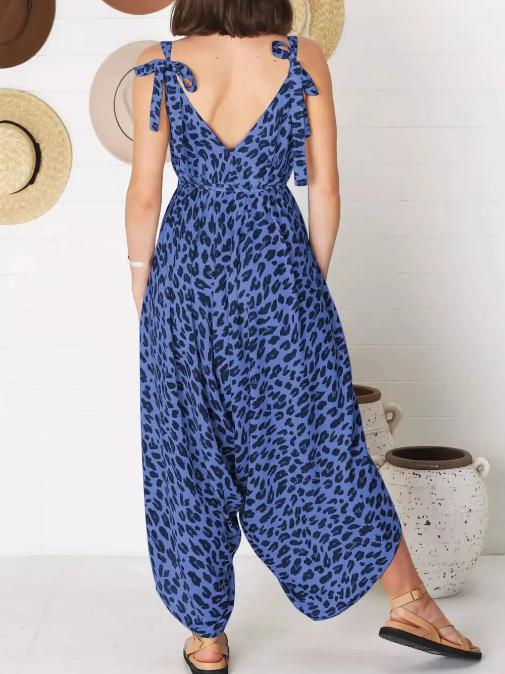 Plus Size Leopard Print V Neck Jumpsuit