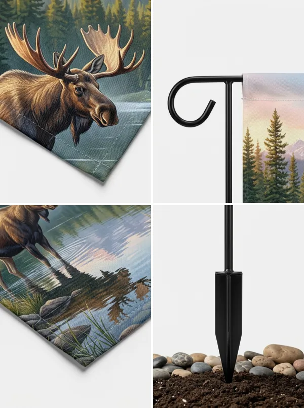 Woodland Moose Mountain Lake Scenic Garden Flag