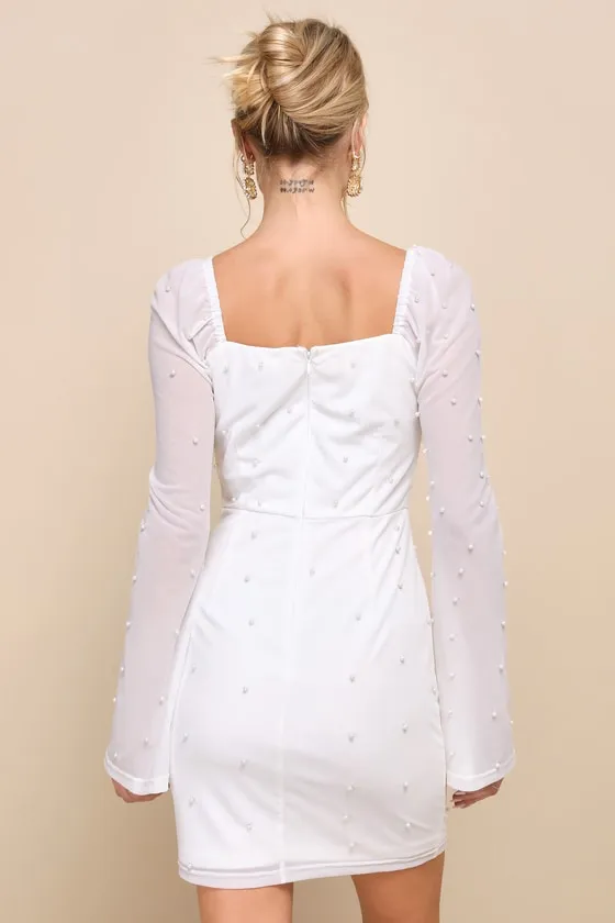 Flirty Luxury Ivory Mesh Pearl Long Sleeve Mini Dress