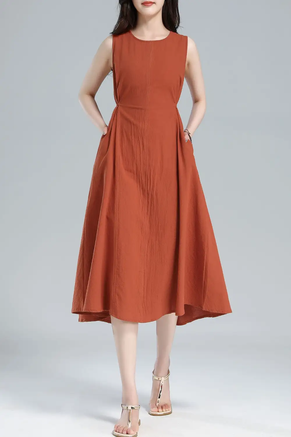 Refined Linen Cotton A Line Sleeveless Midi Dress
