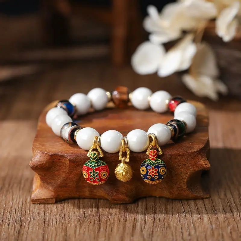 Swallowing Beast Family Charm Liuli Glass Porcelain Bracelet