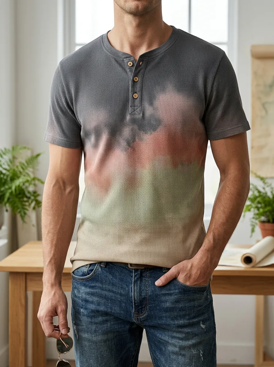 Men's Modern Casual Style Tie-Dye Waffle Knit Henley T-Shirt