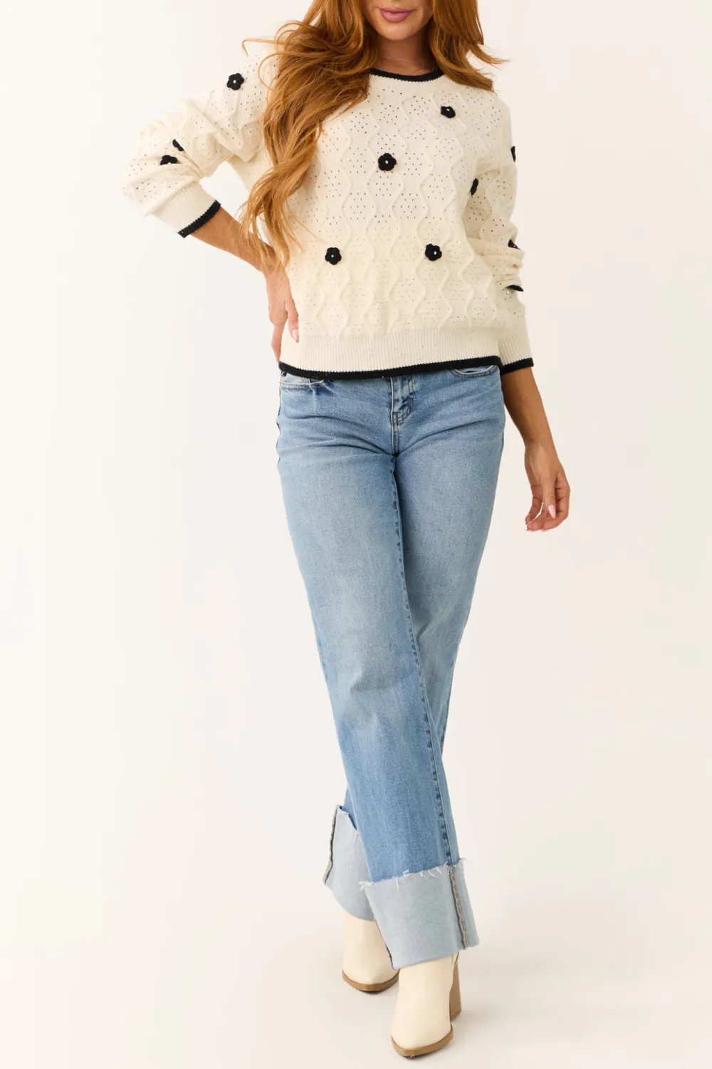 Cream Floral Applique Knit Sweater
