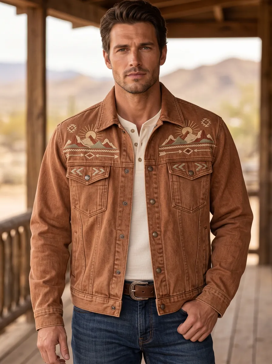 Men's Western Cowboy Sun Geometric Mountain Jacket