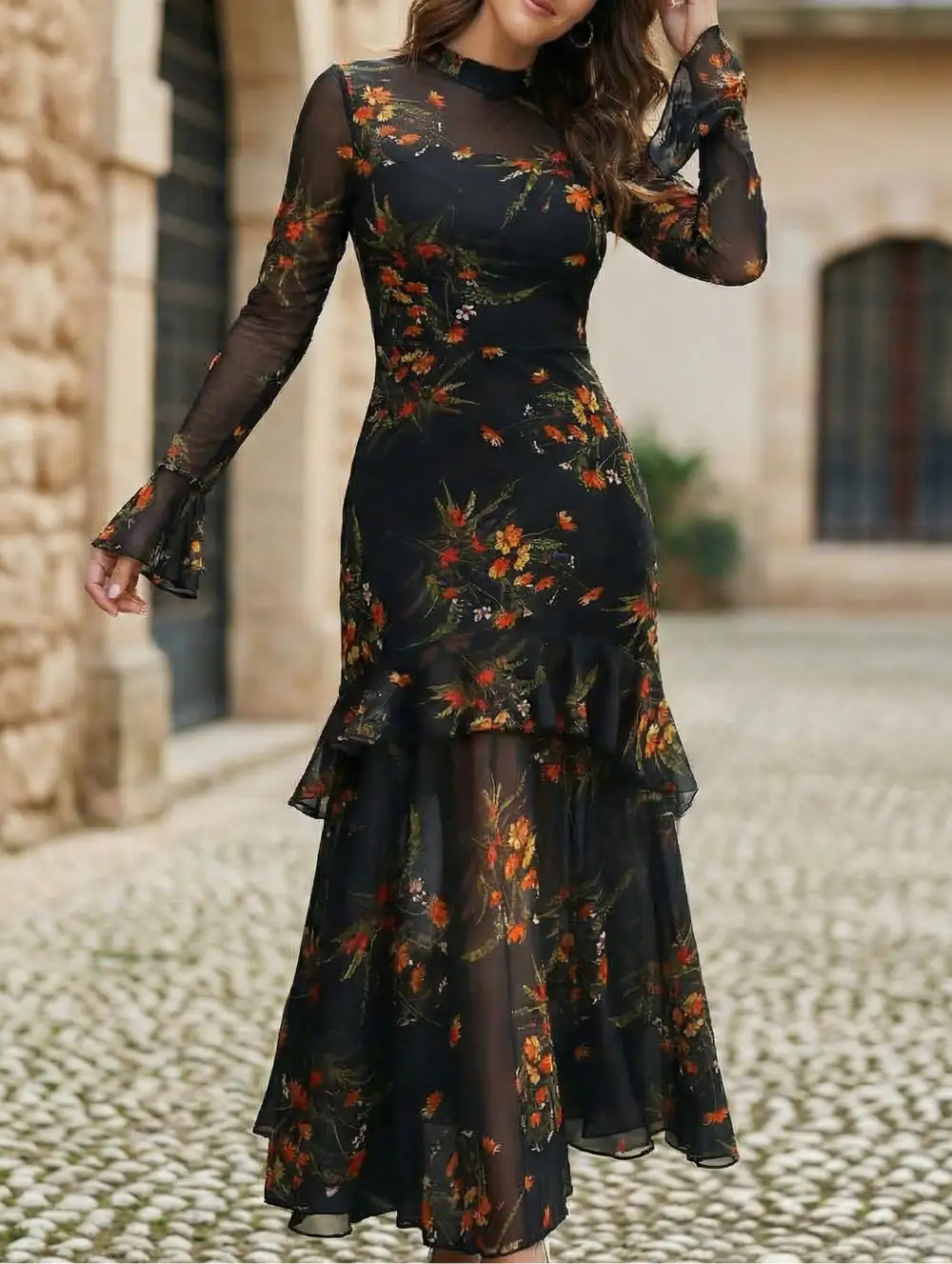 Dress With Lotus Leaf Sleeve And Floral Print