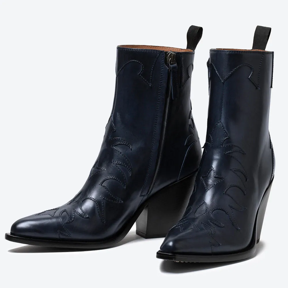 Faux-Leather Side-Zip Zip-Up Pointed-Toe Western Boots