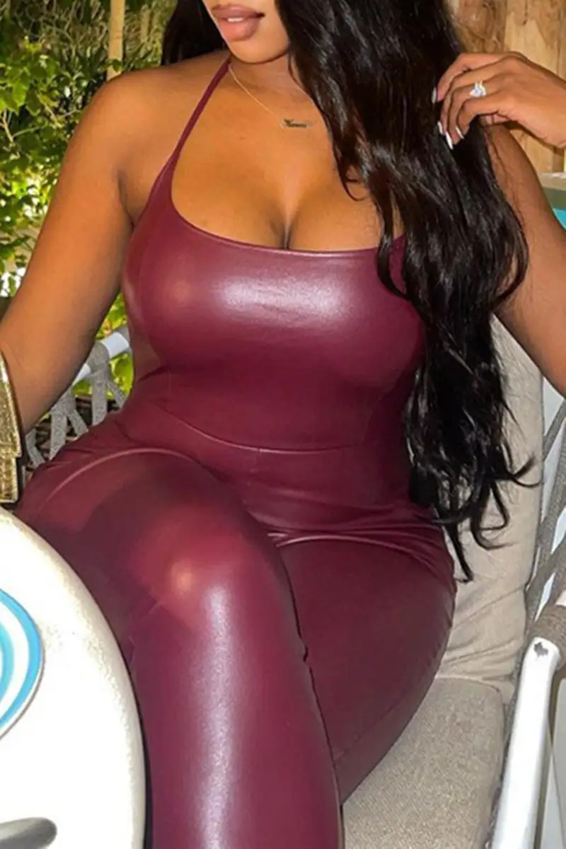 Fashion Sexy Solid Backless Halter Skinny Jumpsuits