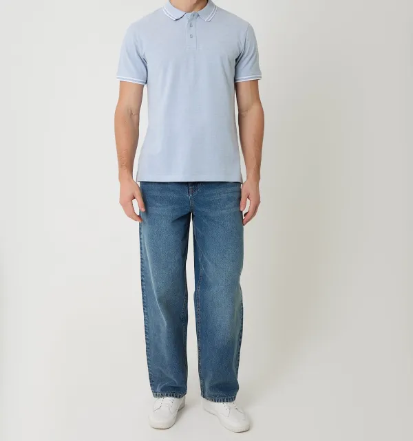 Men's Denim Blue Two Tone Cotton Piqué Polo Shirt