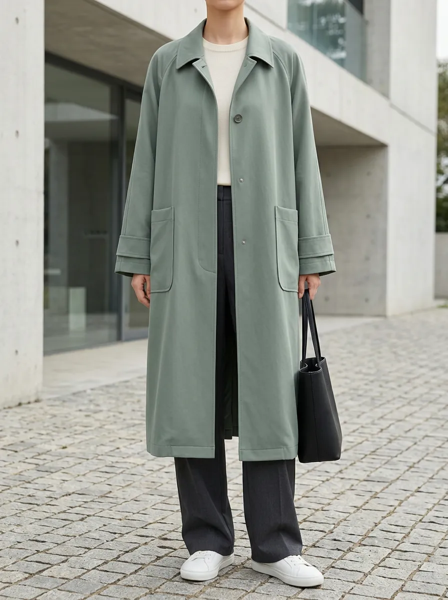 Women's Sage Green Raglan Sleeves Longline Trench Coat