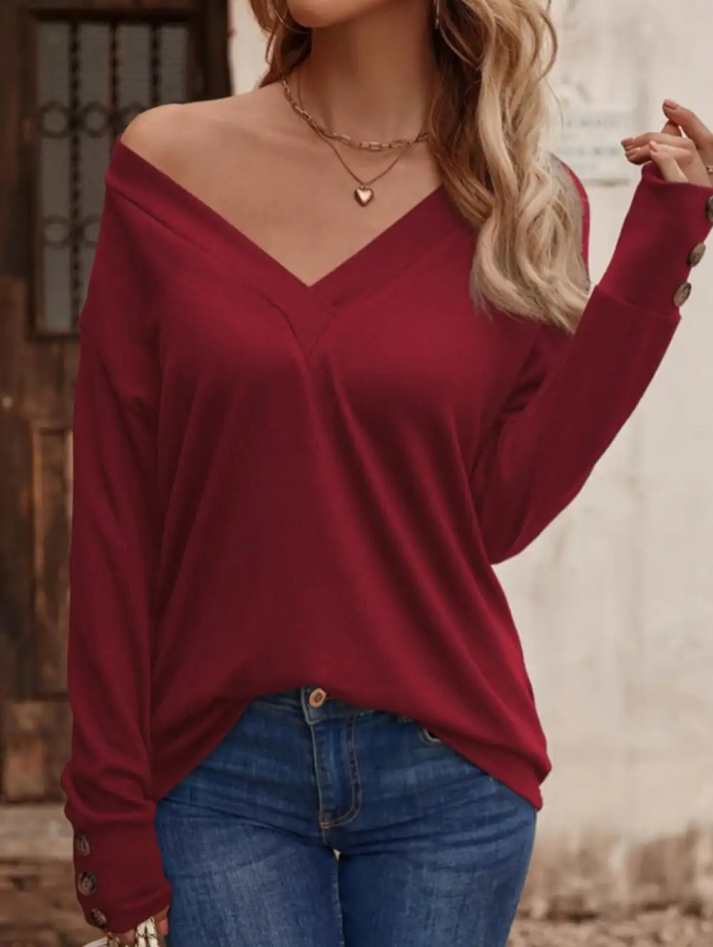 V Neck Button Loose Long Sleeve Tee