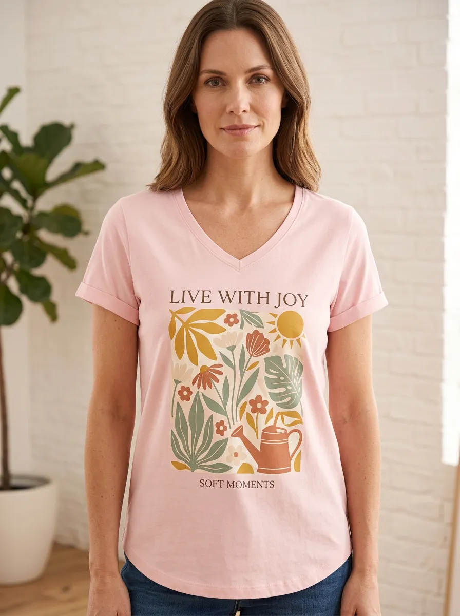 Women's Live With Joy Floral Watering Can Print V-Neck T-Shirt
