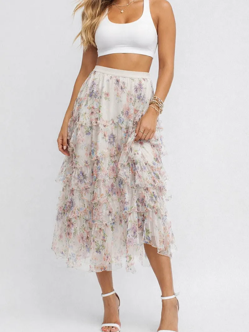 Faux Pearl Elastic Waist Tulle Maxi Skirt
