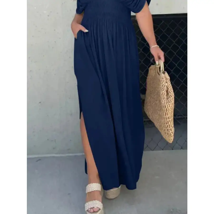 Full Size Deep V Neck Maxi Dress with Side Slit Plus Size