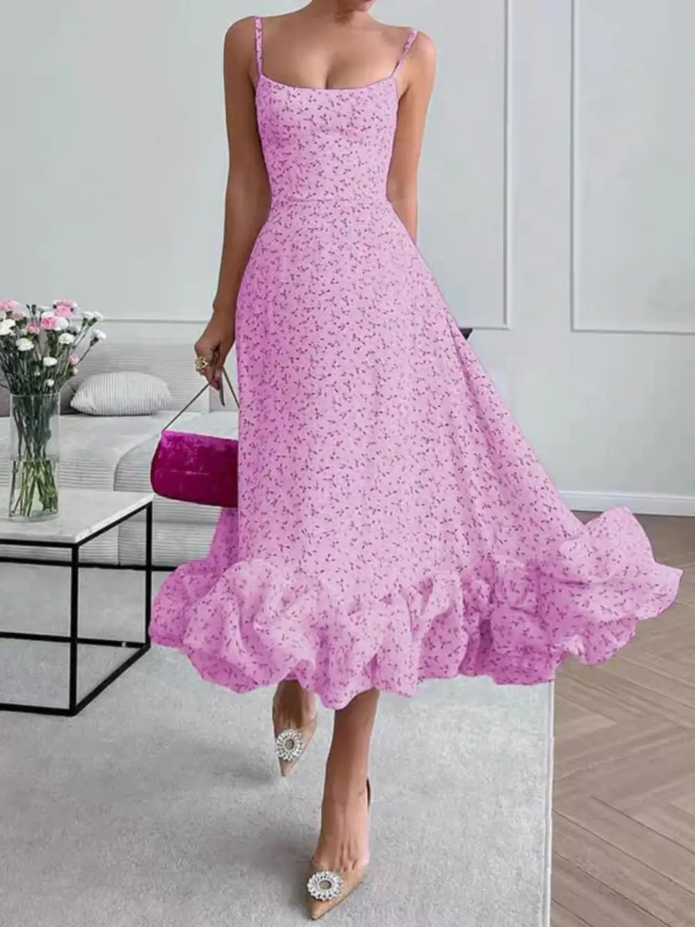 Print Ruffle Hem Spaghetti Strap Midi Dress