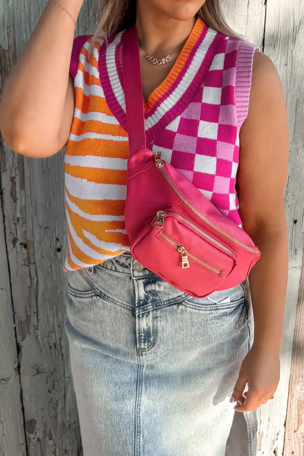 Striped Checkered Contrast Patchwork V-Neck Sweater Vest