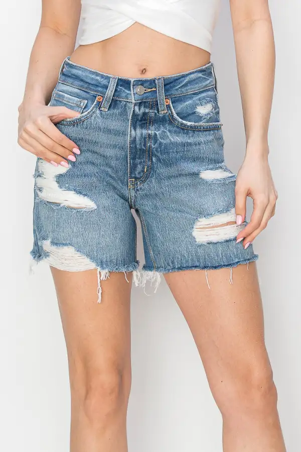 Active High Rise Distressed Frayed Hem Denim Shorts