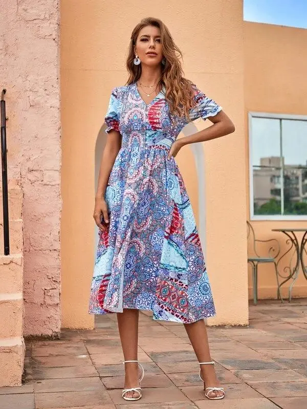 Women Split Hem Shirred Waist Dress