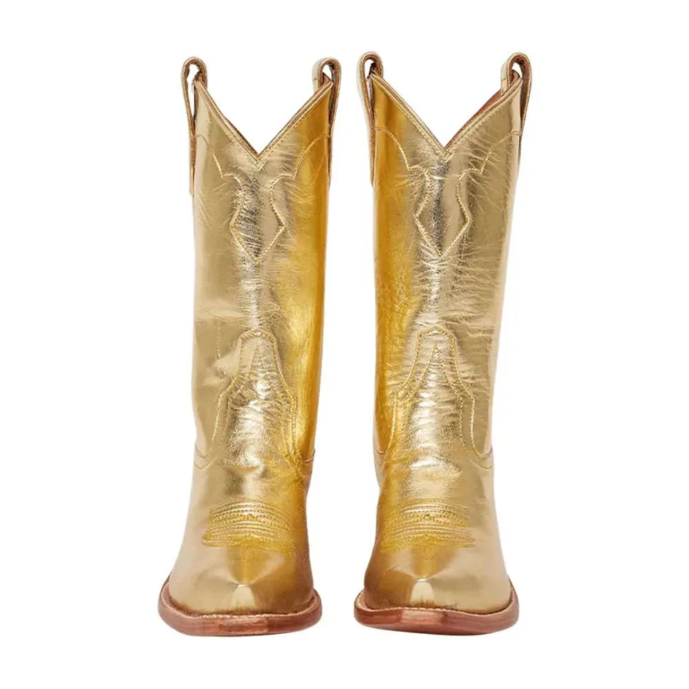 Pull-On Pointed-Toe Chunky-Heel Platform Mid-Calf Boots