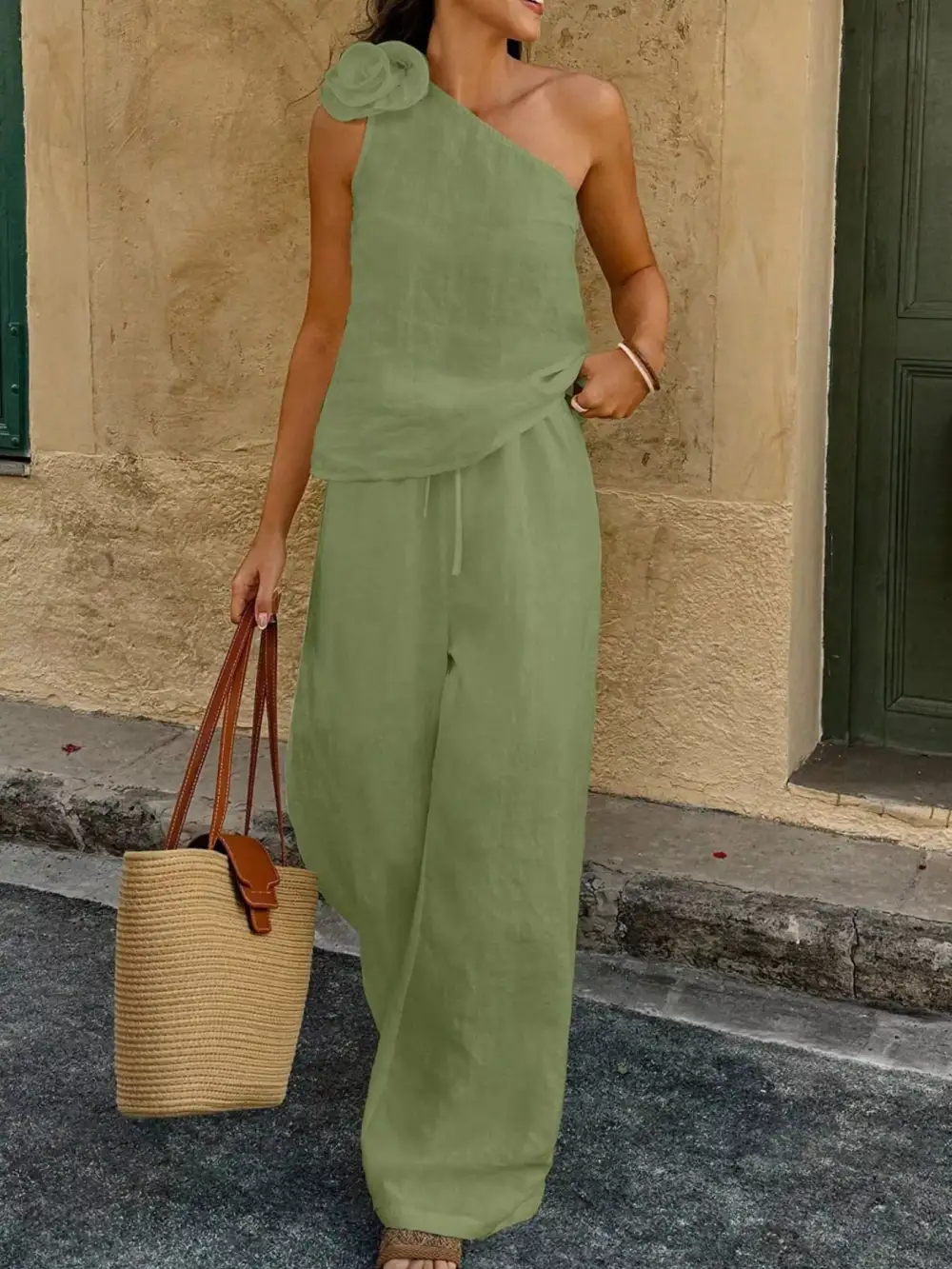 One-shoulder Embellished Top and Pants Set