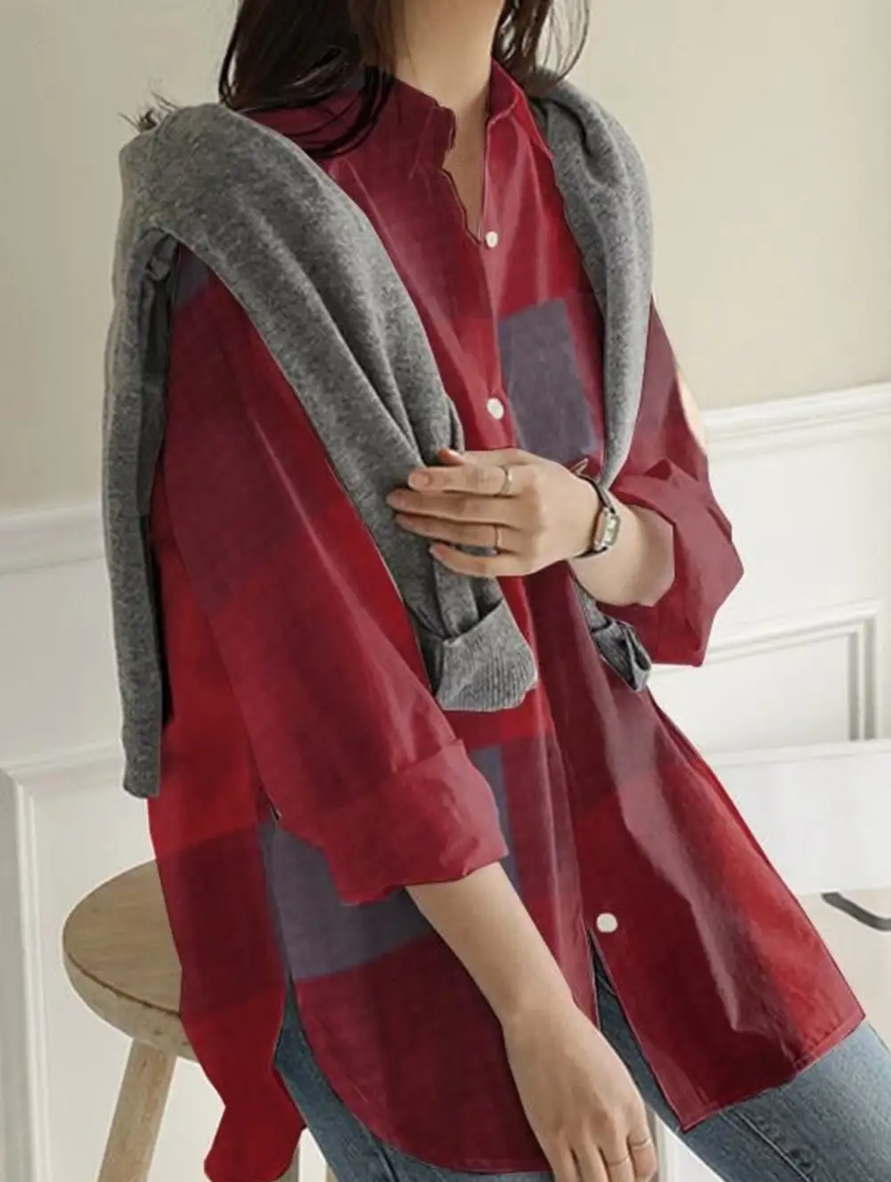 Long-Sleeved Plaid Irregular Shirt