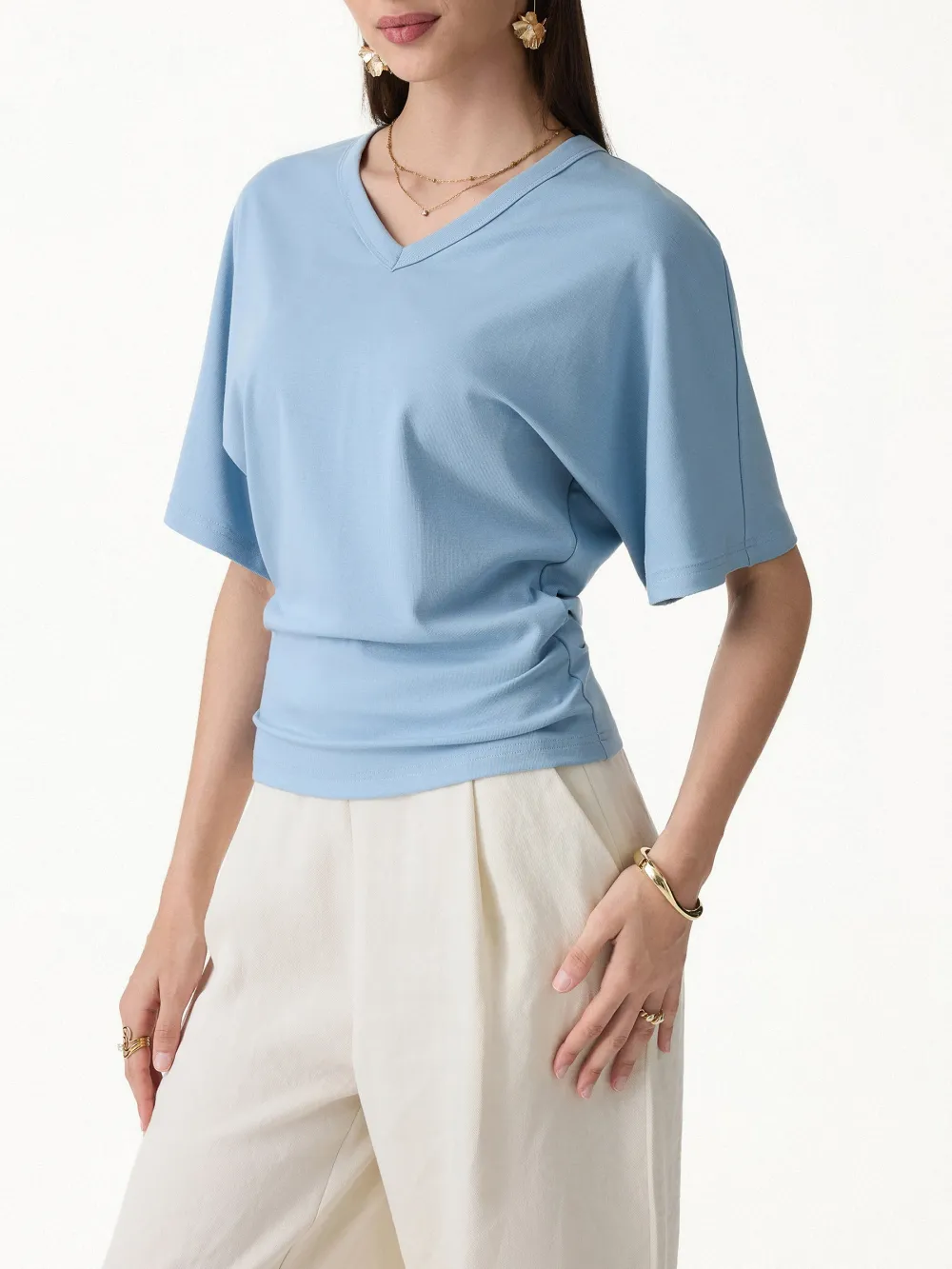 Viscose Cotton V-Neck Waist-Defining Summer Tee