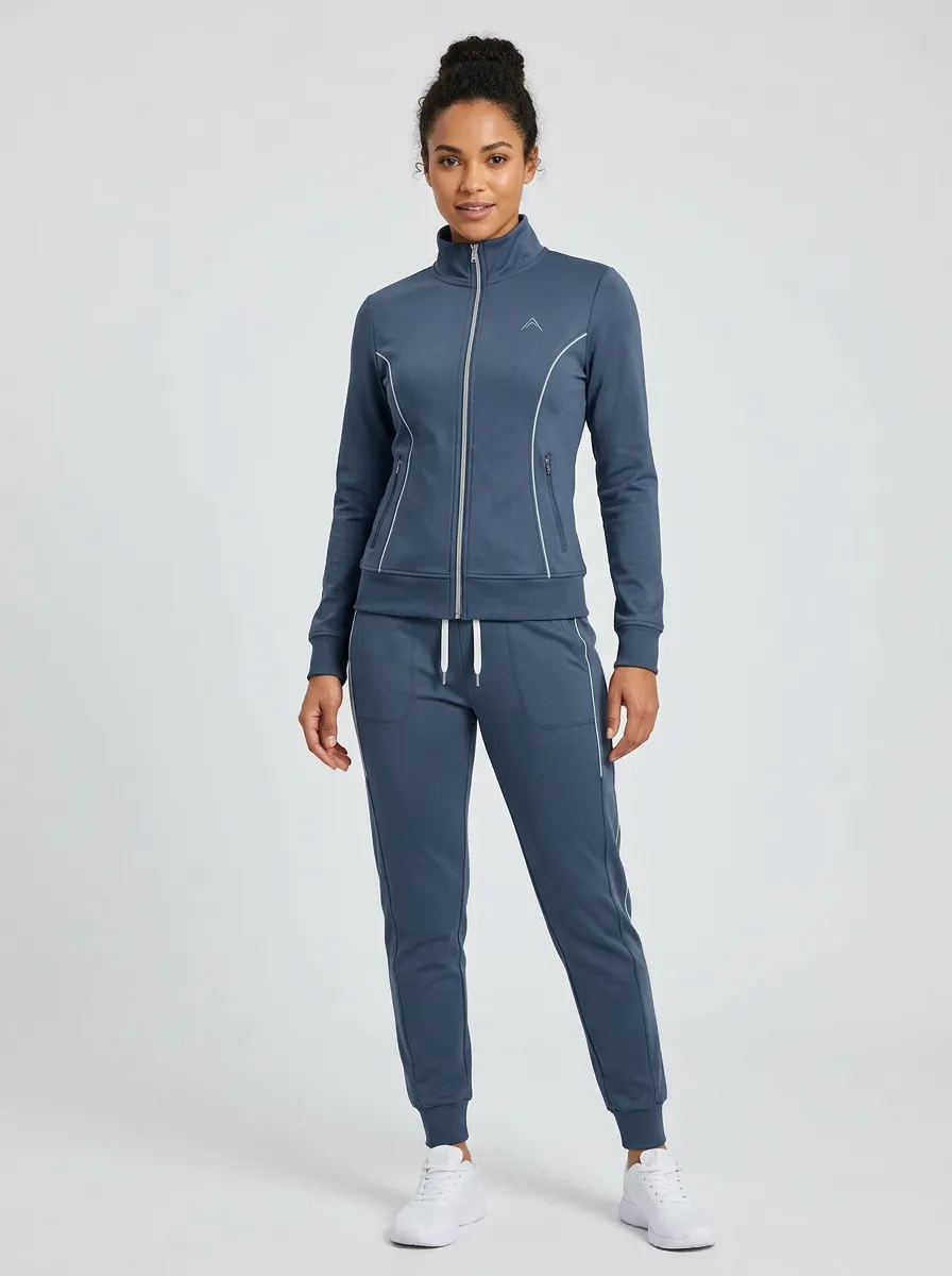 Women's Slate Blue Contrast Piping Zip-Up Jacket & Jogger Set