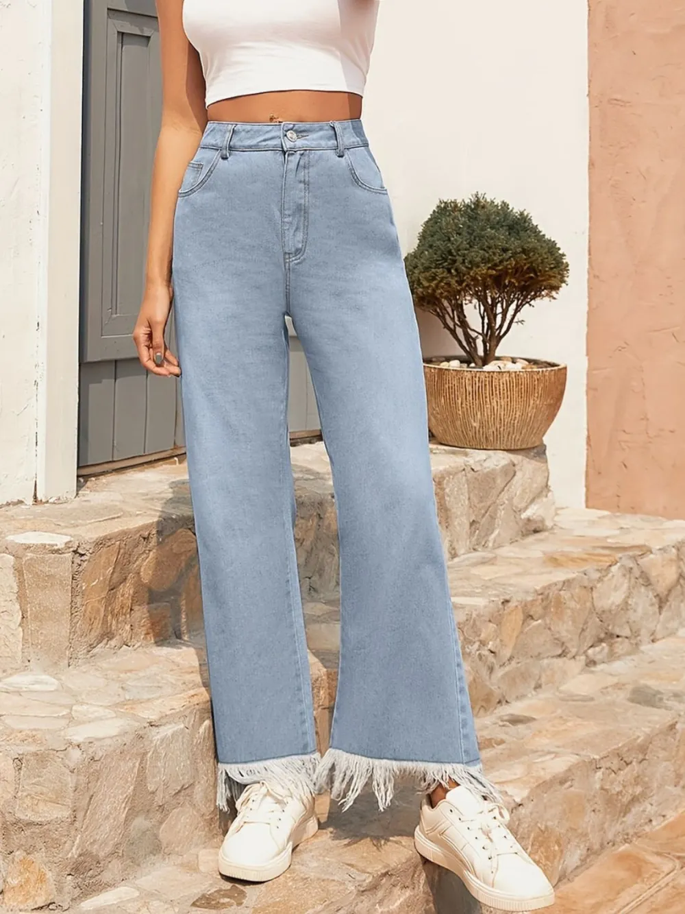 Flare Leg Raw Hem Pocketed Denim Jeans